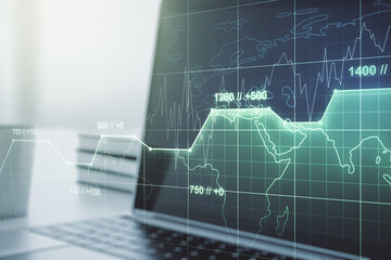 Double exposure of abstract creative statistics data hologram on laptop background, statistics and analytics concept