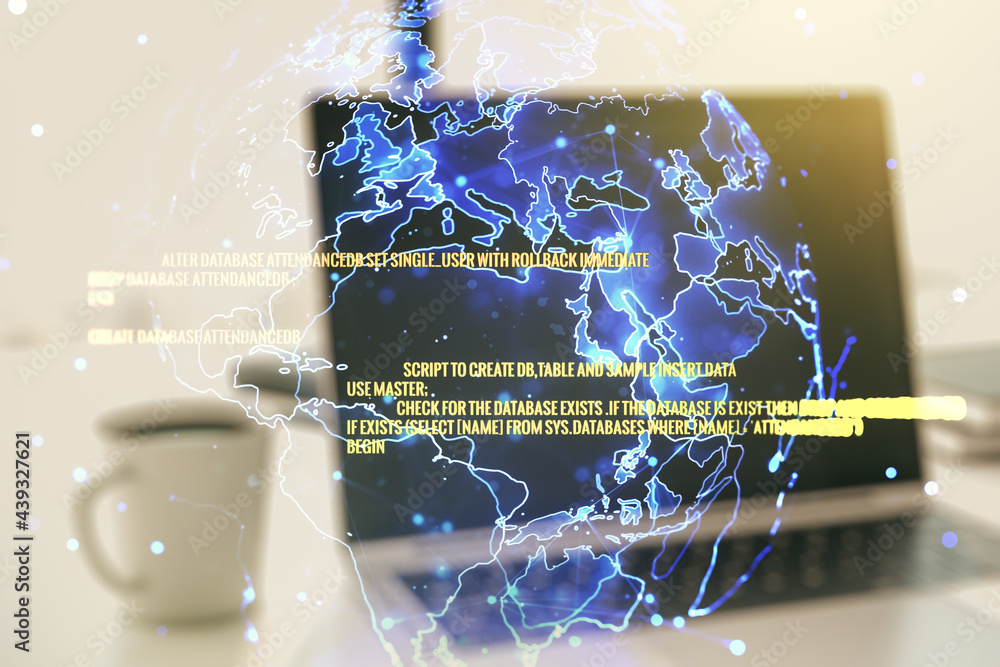 Poster multi exposure of abstract programming language hologram with world map on computer background, arti