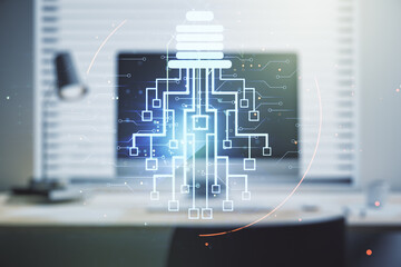Creative light bulb illustration with microcircuit on modern computer background, future technology...