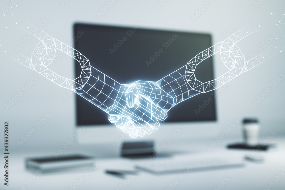 Poster double exposure of blockchain technology with handshake hologram on laptop background. research and 