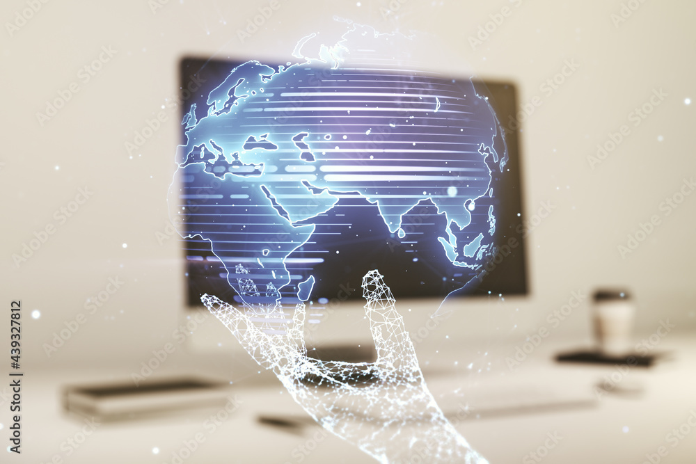 Fototapete multi exposure of abstract graphic world map on modern computer background, big data and networking 