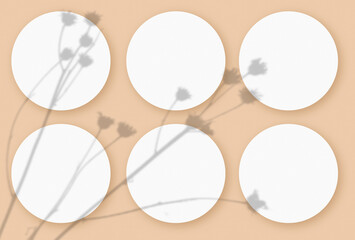 Mockup with vegetable shadows superimposed on 6 round sheets of textured white paper on a beige table background