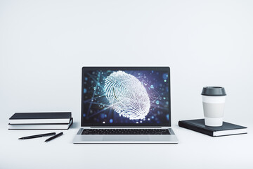 Fototapeta premium Abstract creative fingerprint illustration on modern laptop monitor, digital access concept. 3D Rendering