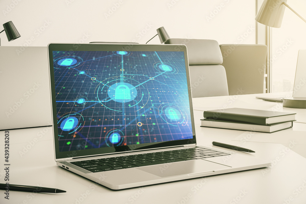 Poster Modern computer monitor with creative lock hologram and chip. Information security concept. 3D Rendering
