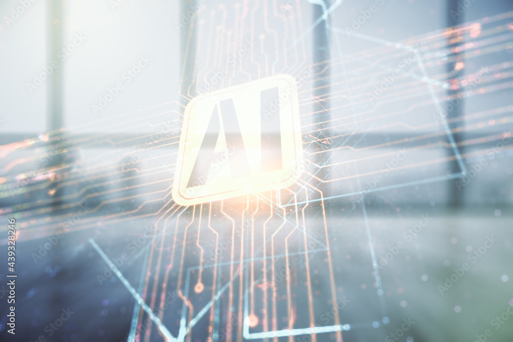 Poster double exposure of creative artificial intelligence icon on empty modern office background. neural n