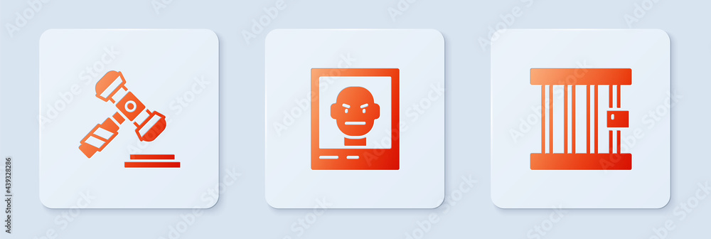 Poster set wanted poster, judge gavel and prison window. white square button. vector