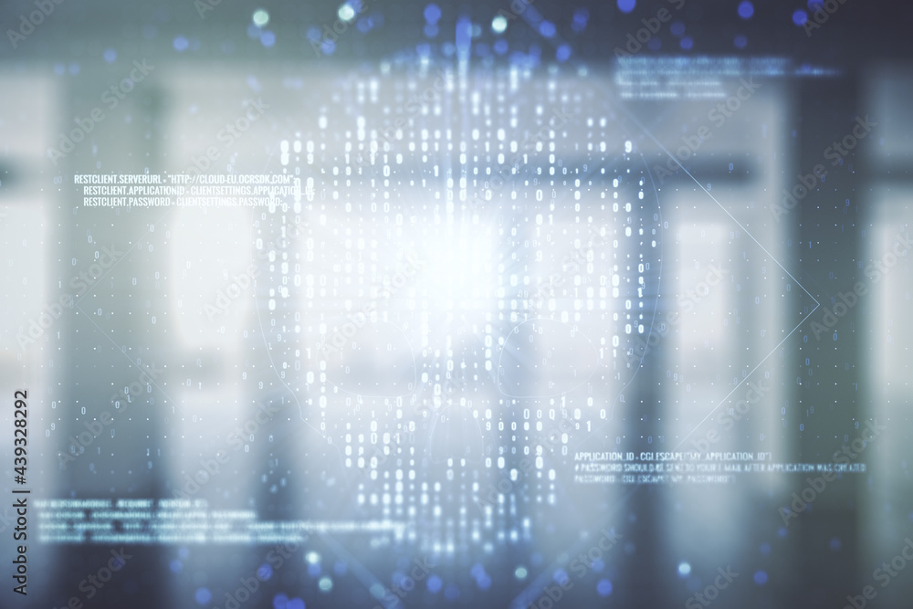 Poster abstract virtual code skull illustration on empty corporate office background. hacking and phishing 