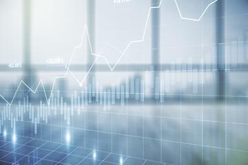 Abstract virtual financial graph hologram on modern interior background, financial and trading concept. Multiexposure