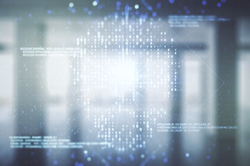 Obraz premium Abstract virtual code skull illustration on empty corporate office background. Hacking and phishing concept. Multiexposure
