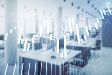 Multi exposure of virtual creative financial chart hologram on modern corporate office background, research and analytics concept