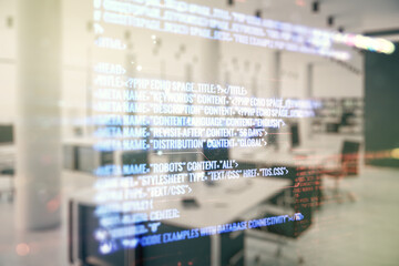 Abstract virtual coding concept on a modern furnished office background. Multiexposure