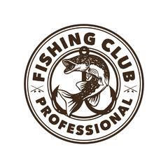 logo design fishing club professional black and white with northern pike fish vintage illustration