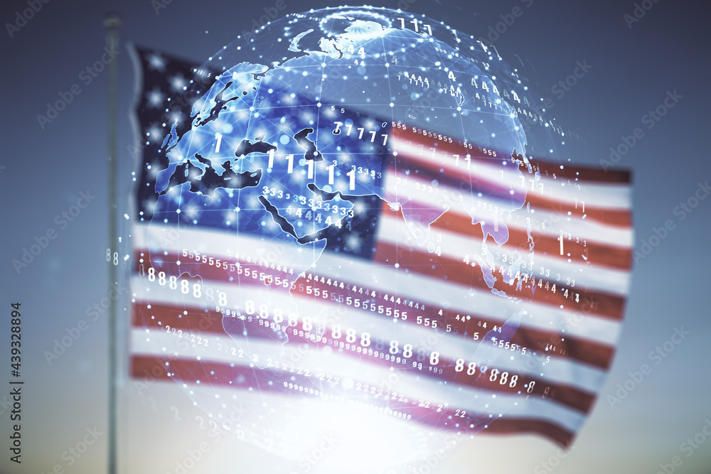 Aufkleber abstract virtual coding concept and world map hologram on usa flag and sunset sky background. multie