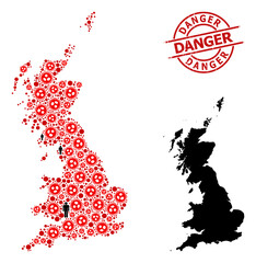 Collage map of Great Britain organized from covid-2019 icons and demographics icons. Danger scratched stamp. Black person elements and red covid virus items. Danger title inside round stamp.