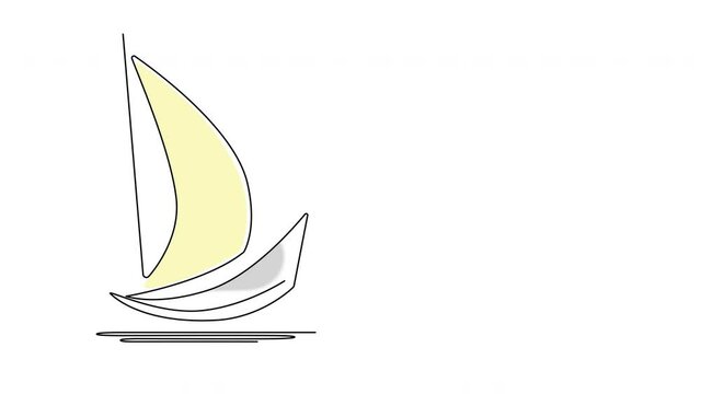 Self drawing animation of sea boat, yacht. Yellow cloth, white background. Copy space.