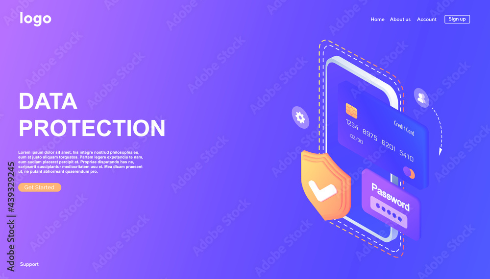 Poster web banner personal data protection isometric concept. cybersecurity and privacy. traffic encryption