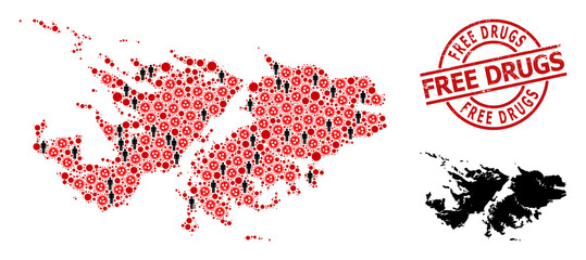 Collage map of Falkland Islands designed from covid virus items and people items. Free Drugs distress seal stamp. Black man items and red flu virus items. Free Drugs text is inside round seal stamp.