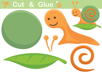 Cute snail on leaf. Education paper game for children. Cutout and gluing. Vector cartoon illustration