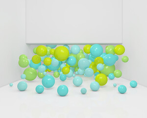 Colorful Bunch of Birthday 3D Balloons Flying for Party in room. 3D illustration, 3D rendering