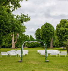 benches arranged in the park for a festivity