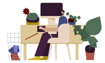 Home Office. Modern flat vector concept digital illustration home office metaphor, a freelancer man working at home. Creative landing web page design template.