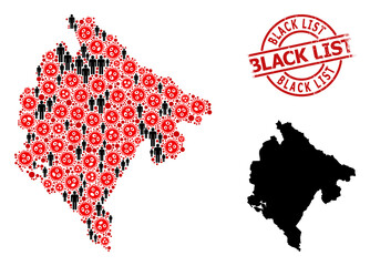 Obraz premium Mosaic map of Montenegro composed of covid items and demographics icons. Black List grunge watermark. Black person items and red flu virus icons. Black List caption is inside round watermark.
