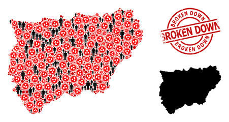 Mosaic map of Jaen Spanish Province constructed from viral items and humans items. Broken Down grunge seal stamp. Black men items and red flu virus items. Broken Down message is inside round stamp.