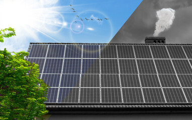 Solar Panel, roof - concept clean power energy. SMOG. Solar photovoltaic panels on a house roof. ECO problem