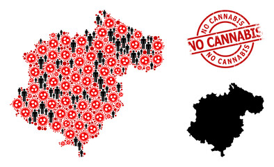 Fototapeta premium Collage map of Teruel Province united from virus outbreak elements and men items. No Cannabis scratched seal stamp. Black crowd items and red viral items.