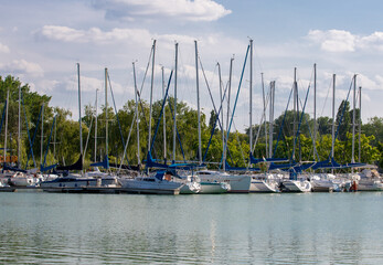many sailing boats anchored in the port at Balatonlelle - Hungary