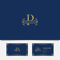 Gold ornamental ribbon on letter P monogram initial logo in blue background with business card template