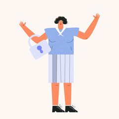 Woman hold padlock flat vector illustration isolated on white background. Security, protection, information defend concept. Female character is guard with lock. Middle aged lady with hands up