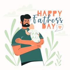 Happy Father's Day greeting card template with cute characters of daddy with child. Dad holding his son or daughter. Cute vector illustration for a holidays poster. Fatherhood, family concept