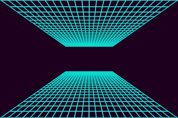 Simple 1980's vintage cyberpunk laser perspective grid, blue on black retro computer screen concept - obrazy, fototapety, plakaty