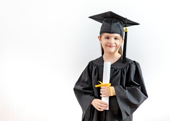 preschool graduation girl with toga and graduation hat white background 
