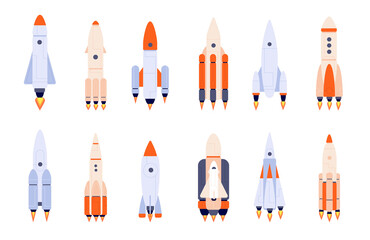 Flat rocket. Space rockets, spaceship start up or idea launch. Isolated shuttle on start, cartoon business development metaphor utter vector icons