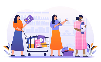Female customers are standing in line in supermarket with credit card and smart watch for cashless payment