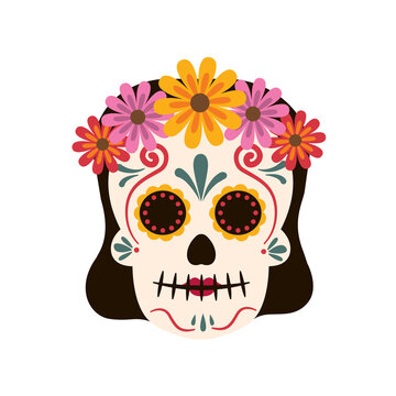 Girl mexican traditional sugar skulls and colorful flowers .Dia de los muertos concept. Vector stock