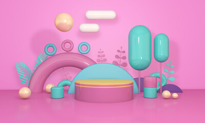 Tree cartoon with Wall Background. 3D illustration, 3D rendering	