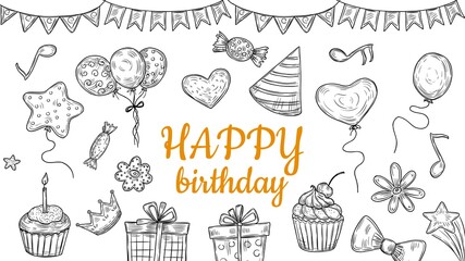 Happy birthday elements. Sketch party banner, festive signs. Balloons gifts garlands and cakes, drawing candies vector background