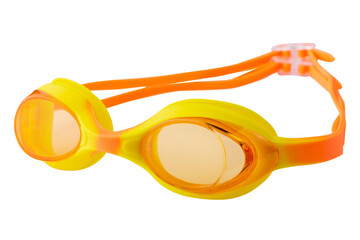 swimming goggles with yellow frames and orange lenses and a strap, on a white background