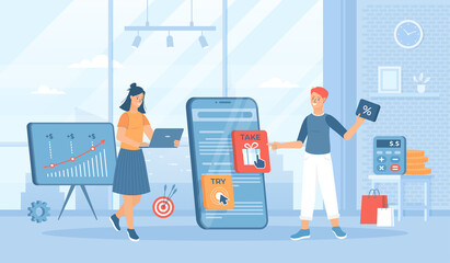 Rich Media Ads. Digital advertising.  Interactive animation on the phone screen, Active pop-up banner. Flat cartoon vector illustration with people characters for banner, website or landing page.