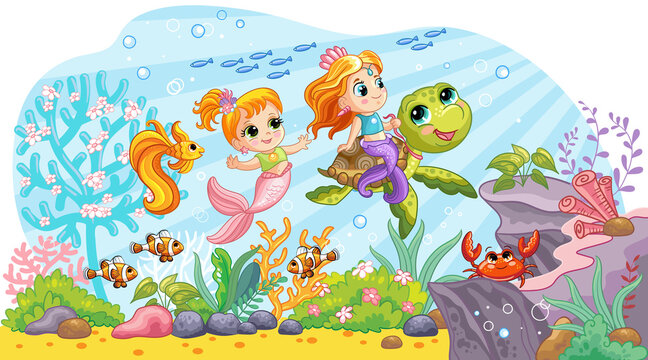 Sea wildlife background with cute mermaids and turtle vector