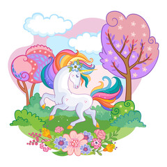 Vector illustration beatiful unicorn with rainbow mane