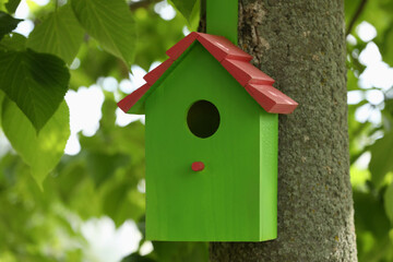 Obraz na płótnie Canvas Green bird house on tree trunk outdoors