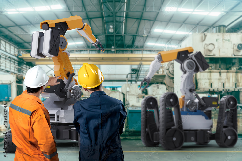 Aufkleber engineer working with robot arm machine industrial 4.0 technology in factory. futuristic innovation 