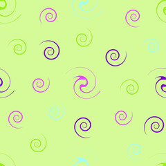 Seamless abstract pattern with pink, blue and burgundy elements in the form of a spiral on a light green background. For wallpaper, textiles and fabrics.