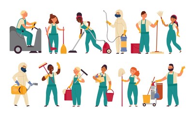 Fototapeta na wymiar Cleaner workers. Housework girl, cleaning service worker. Cartoon housekeeping, woman holding mop. Smiling male female staff decent vector set