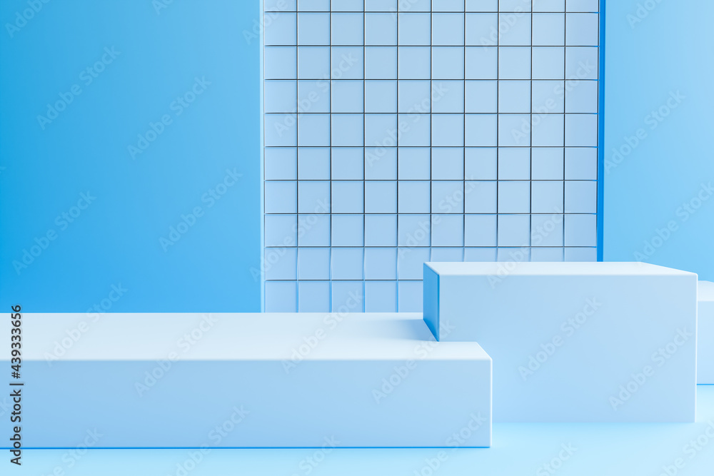 Poster minimal scene with podium and abstract background. blue colors scene. minimal 3d rendering. geometri
