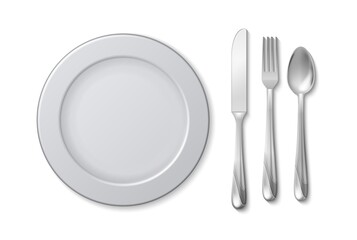 Isolated plate knife fork. Cutlery on napkin, serving table. Restaurant or cafe, bar equipment. Metal kitchen tools vector elements